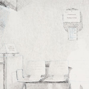 Artistic hand drawing by Herbert Stattler depicting the waiting area for a therapeutic pool in a tumor rehabilitation clinic. A patient in a bathrobe sits on a bench next to a small, decorated plastic Christmas tree on a low table.