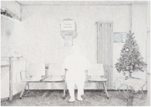Artistic hand drawing by Herbert Stattler depicting the waiting area for a therapeutic pool in a tumor rehabilitation clinic. A patient in a bathrobe sits on a bench next to a small, decorated plastic Christmas tree on a low table.
