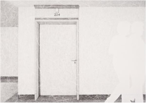 An artistic hand drawing by Herbert Stattler showing a view from the hallway of a post-operative cancer rehabilitation facility toward the door of a patient room, featuring the room number, walls, carpet, and an alarm light.